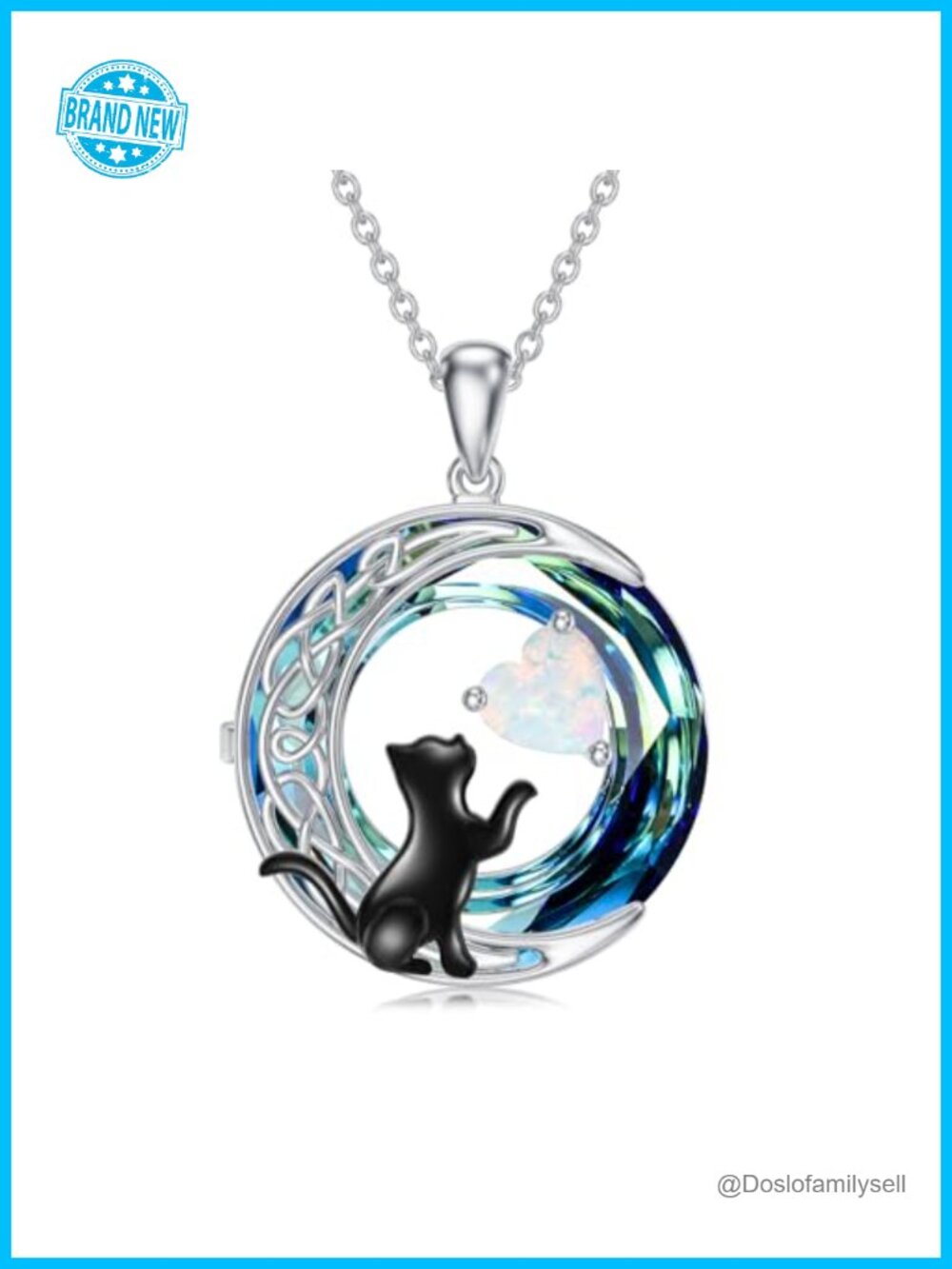 925 Sterling Silver Opal Cat Necklace October Birthstone Celtic Moon Pendant